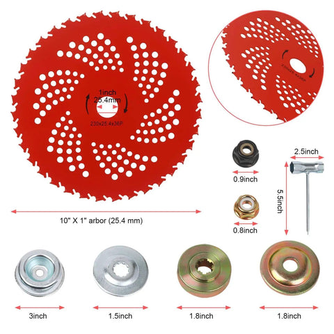 9 Inch 36 Tooth Carbide Tipped Brush Cutter Blade For Trimmers And Weed Eater With Universal Adapter Kit shown with parts