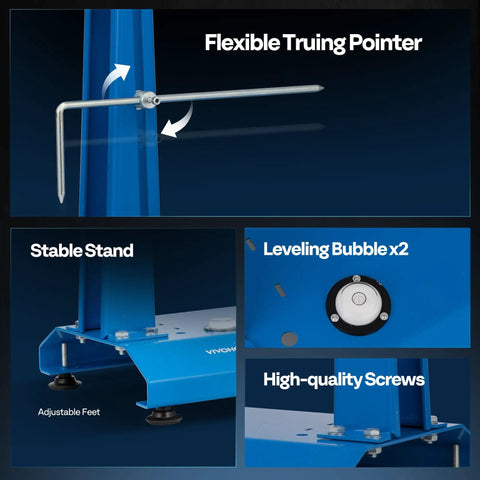 Pro Grade Motorcycle Wheel Balancer And Truing Stand with adjustable centering cones, truing pointer, and leveling bubble features