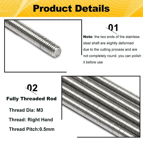 Close-up of five M3 stainless steel fully threaded rods with 0.5mm pitch and right-hand threads.