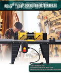 Heavy Duty Aluminum Benchtop Router Table With Expandable Work Surface And Sleek Adjustable Fence Rock Solid Woodworking Rig For No Fuss Diy Carpenter Setup Black in a woodworking shop with two men working.