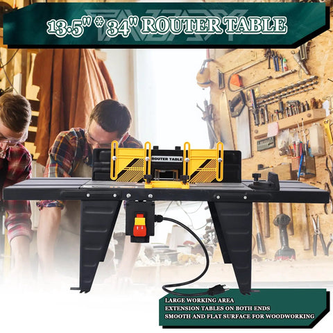 Heavy Duty Aluminum Benchtop Router Table With Expandable Work Surface And Sleek Adjustable Fence Rock Solid Woodworking Rig For No Fuss Diy Carpenter Setup Black in a woodworking shop with two men working.