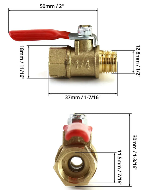 Three Pack Heavy Duty Brass Ball Valve Set side and front view, 1/4 Inch NPT Male to 1/4 Inch Female Threads, 180 Degree Handle