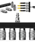 Top Shelf 4 Way Straight Air Manifold Splitter With Quarter Inch Quick Couplers solid aluminum manifold with four steel fittings and couplers.