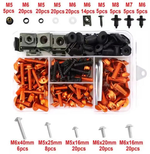 Orange Motorcycle Screw And Nut Kit For CB650R CB500X CB400 CB500 CB650 CB125R CB1000R All In One Dope High Strength Bolt Set With Reusable Fasteners For Easy Maintenance And Reliable Rides. Orange M5-M8 bolt and nut assortment in organizer box
