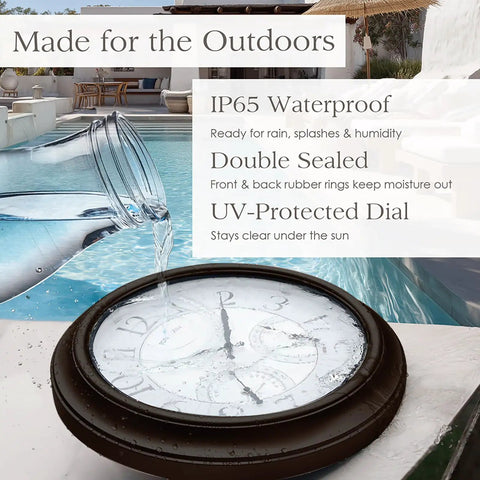 Must Have 24 Inch Indoor Outdoor Lighted Clock With Self Illuminated Face Waterproof 3 In 1 Weather Station Including Thermometer And Hygrometer Metal Clock In Oil Rubbed Bronze Finish Night Light displayed by a pool.