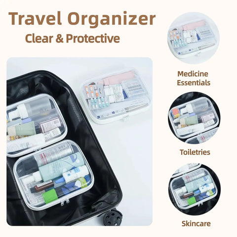 Three Pack Medium Clear Hard Shell Zipper Pouches for Purse and Diaper Bag Organizer and Travel Essentials 7.8 x 6.3 inches in suitcase