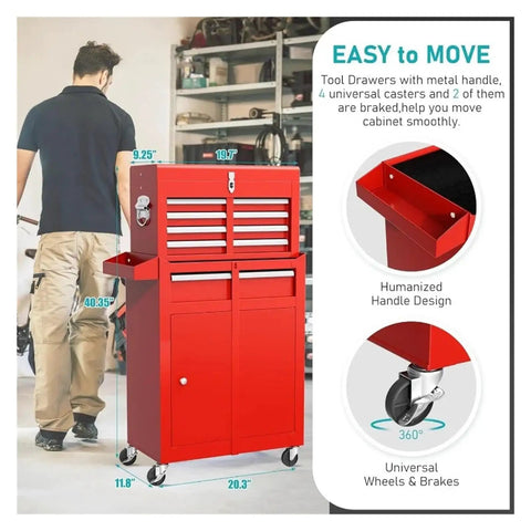 Rolling Tool Chest With Detachable Top Box And Locking Wheels Heavy Duty Steel Cabinet With Drawer Liners For Garage And Workshop Storage Warehouse And Repair Shop Built Tough And Easy To Roll Blue, red 20.3" steel cabinet with drawers and wheels