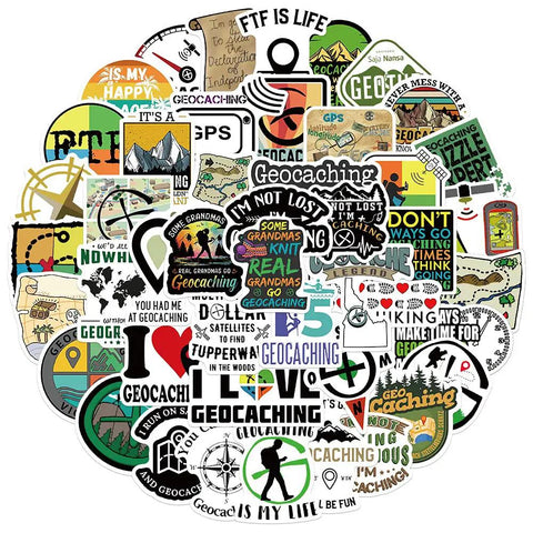 Assorted 50 Piece Waterproof Geocaching Stickers Pack Vinyl Decals For Water Bottles Laptops Luggage Bicycles Skateboards Computers And More Rad Adventure Gear Decor