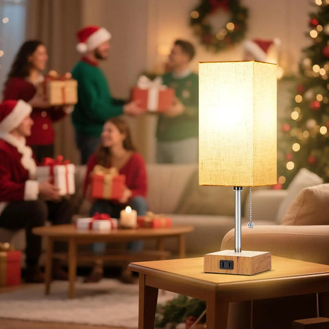 Set Of 2 Bedside Table Lamps With USB Charging Port And AC Outlet, 3 Color Temperature Nightstand Lamp in cozy living room scene