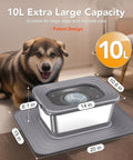 Stainless Steel Dog Water Bowl Filter Kit With 5 Replacement Filters for 10L square bowl next to dog, showing measurements.