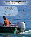 Boater using 12 Foot Throttle And Shift Remote Control Cable Replacement For Johnson Evinrude OMC BRP E Tec Ficht Motors 1979 To Present Easy Install With Precise Smooth Throttle And Shifting Performance on a boat engine in water.