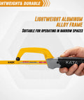 KATA mini hacksaw with yellow aluminum frame and gray handle; 10-inch blade for metal cutting.
