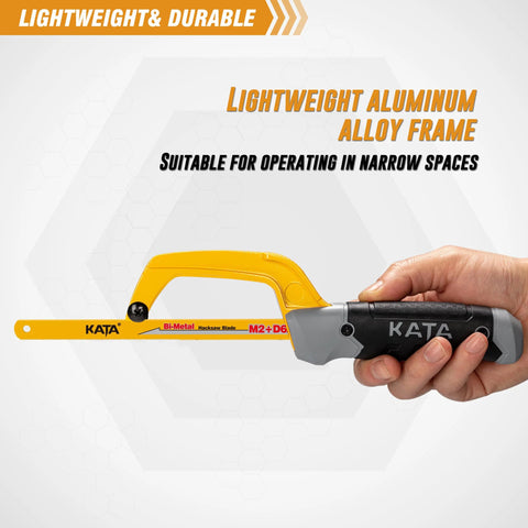 KATA mini hacksaw with yellow aluminum frame and gray handle; 10-inch blade for metal cutting.
