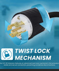 L21 30 Extension Cord L21 30 Plug To Connector 30 Amp 120 208V Three Phase 8 5 SOOW Cable 100 Feet close-up of twist lock mechanism.