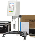 Digital Rotary Viscometer With Five Inch Touch Screen And Four Stainless Blades Offering Legit Accurate Readings For One To One Hundred Thousand MPaS in a lab setting with carrying case.