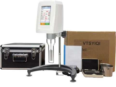 Digital Rotary Viscometer With Five Inch Touch Screen And Four Stainless Blades Offering Legit Accurate Readings For One To One Hundred Thousand MPaS in a lab setting with carrying case.