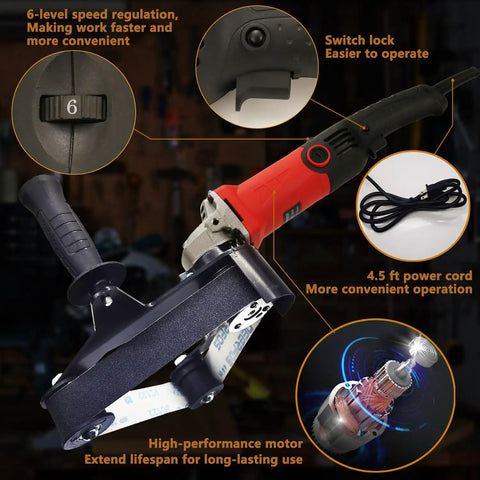 Heavy Duty Workhorse 1080W Pipe Tube Polisher Sander With Six Variable Speeds And 10000 RPM Belt Grinder showing 6-speed dial and power cord.