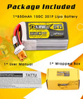 Package contents of R-Line Version 5.0 3S LiPo Battery 11.1V 150C 850mAh Pack With XT30U-F Plug, user manual, and wrapped box.