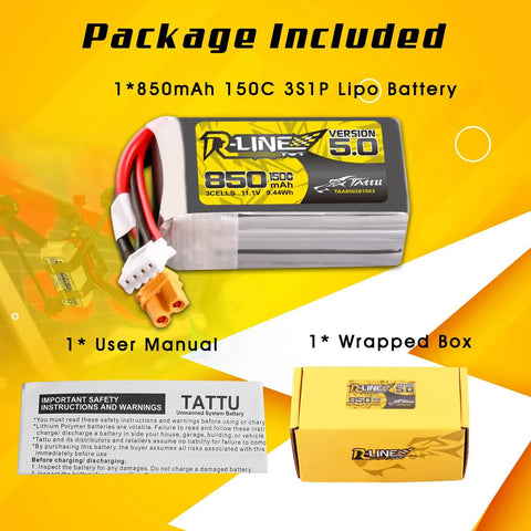Package contents of R-Line Version 5.0 3S LiPo Battery 11.1V 150C 850mAh Pack With XT30U-F Plug, user manual, and wrapped box.
