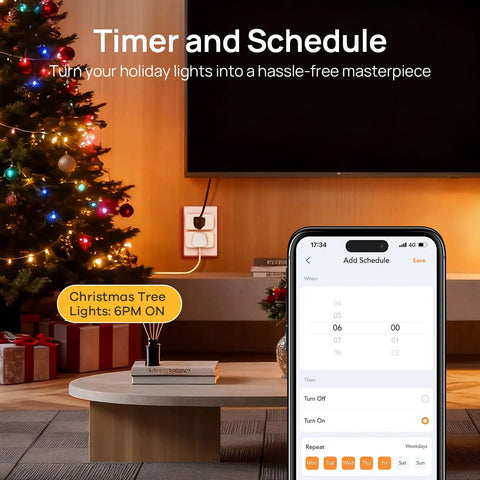 Matter Smart Plug 2 Pack, 15A 1800W Wi Fi Outlet controlling Christmas lights with phone schedule feature visible