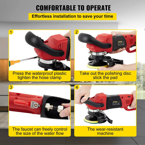 Wet Polisher Grinder With Variable Speed Pro Grade 8 Piece Polishing Kit installation steps with red machine in hand