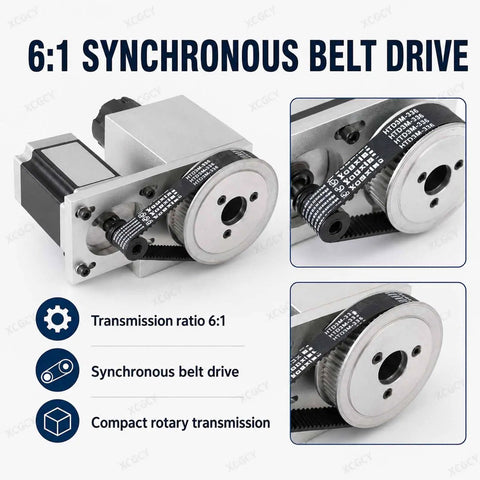Kick Your CNC Router Setup Right Up With This Heavy Duty 4th Axis Rotary Table Boasting A NEMA 57 Stepper Motor ER32 Collet Chuck And Buttery Smooth Spinning Hollow Shaft Ideal For Cylindrical Engraving Milling And Custom Fabrication Jobs, featuring 6:1 synchronous belt drive.