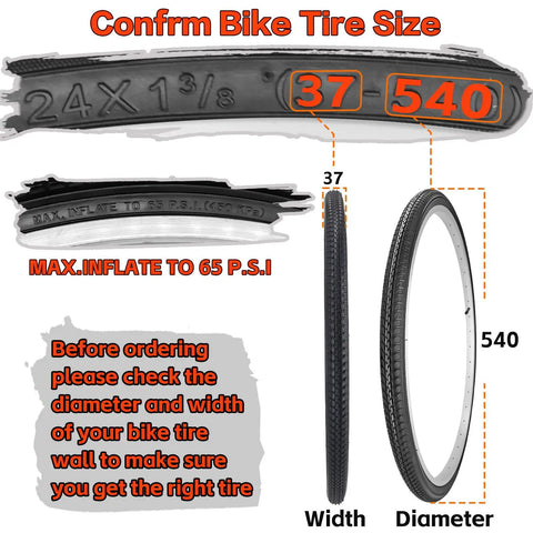 Diagram showing size details of 24x1 3/8 Wheelchair And City Bike Tires And Inner Tubes AV 32mm Schrader Valve with max inflate info.