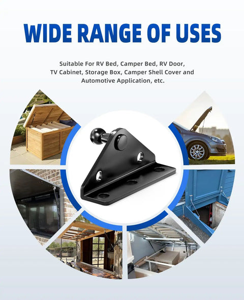 10mm Ball Stud Mounting Bracket 4 Pack for RV Door Lifts and Gas Struts with various use examples
