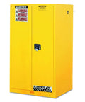 Rock Solid Double Wall Flammable Safety Cabinet Yellow 34 X 34 X 65 Inch 18 Gauge Fire Resistant Storage For Hazardous Chemicals With Flame Arrestor Vents front view with lock and warning labels.