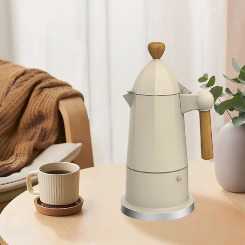 Portable 6 Cup Octagonal Aluminum Espresso Pot for Camping Office Cafe or Restaurant White Coffee Maker Kettle on Table