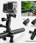 3 Way Adjustable Extension Pivot Arm Adapter Set For Cameras And Selfie Sticks With Lightweight ABS Build Stainless Steel Locking Screws Easy Install Durable 35mm Mount For Higher Angle Shots. GoPro mount on handlebar with 90-degree pivot arms and thumbscrews