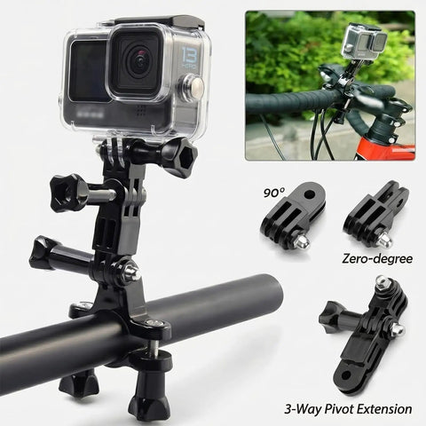 3 Way Adjustable Extension Pivot Arm Adapter Set For Cameras And Selfie Sticks With Lightweight ABS Build Stainless Steel Locking Screws Easy Install Durable 35mm Mount For Higher Angle Shots. GoPro mount on handlebar with 90-degree pivot arms and thumbscrews