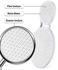 Close-up of a glass foot file with fine and coarse nano-glass textures for dead skin removal and calluses, dual texture foot scrubber.