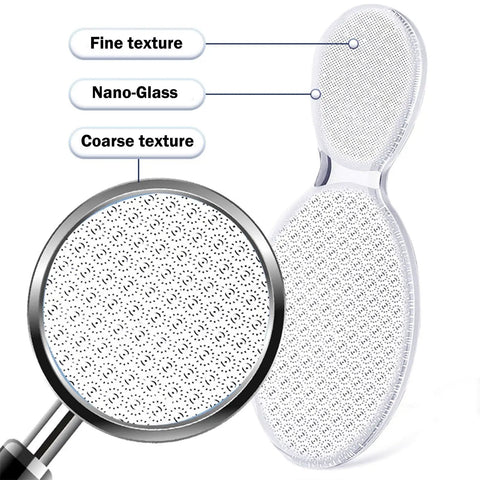 Close-up of a glass foot file with fine and coarse nano-glass textures for dead skin removal and calluses, dual texture foot scrubber.