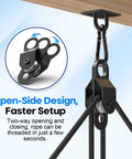 2 Pack Black Pulley Block System Ready To Rig With 4 Double Pulleys, 16 Ft One Quarter Inch Nylon Rope, 4 M6 Spring Hooks, And 2 M6 Eye Pad Plates For Gate Replacement, Farm Use, Garage Lift, And Heavy Duty Rigging, open-side pulley setup