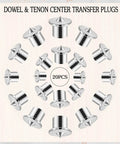 Set of 20 dowel and tenon transfer plugs for woodworking in various sizes for precise alignment and strong joints.