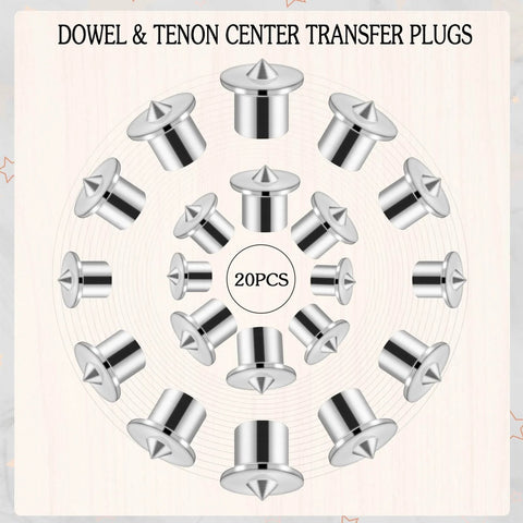 Set of 20 dowel and tenon transfer plugs for woodworking in various sizes for precise alignment and strong joints.