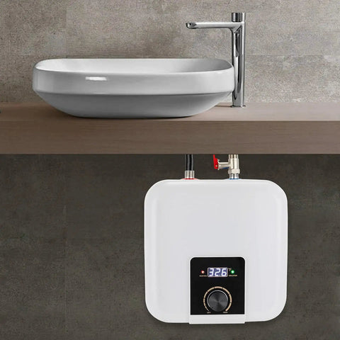 Compact 2.11 Gallon Electric Water Heater Delivering Kickin 1500W Heating And Instant Hot Water with digital display under sink.