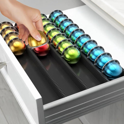 Hand inserting pod into Easy-Access Drawer Style Coffee Pod Organizer For Countertop Fits Nespresso Vertuo Capsules VertuoLine