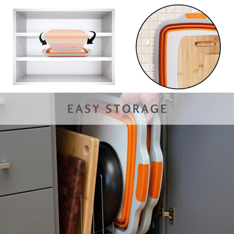 Collapsible BBQ Prep Tub With Lid XL 4.22 Gal Folding Cutting Board stored in kitchen cabinet and on shelf