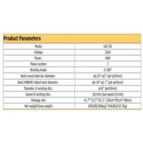 Product parameters table for No Sweat 4000W Electric Rebar Bender Machine For Shaping 6 To 50 Mm Bars Built Damn Tough.