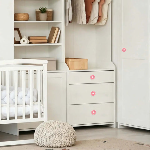 Nursery with dresser featuring Six Pack Soft Silicone Flower Cabinet Knobs Pink Cartoon Drawer Pulls for Baby Room Decor