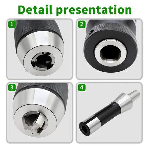 Beefy Precision Keyless Drill Chuck With R8 Shank For 1/32 To 5/8 Inch Bits B18 Fit Heavy Duty Steel 0.005 Inch Runout High Speed Steel Construction For Concentric Rugged Drilling keyless chuck and R8 shank close-up