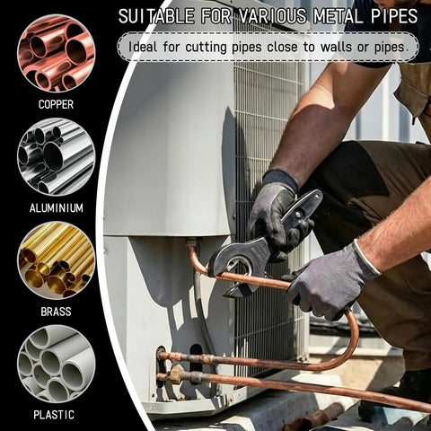 360 Degree Ratchet Pipe Cutter With Deburring Tool And Three Bearing Blades For Quick No Fuss Clean Metal Pipe Cutting In Tight Spaces Smooth Rotary Cut cutting copper pipe beside HVAC unit