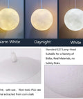 Light Up Moon 3D Printed Moon Pendant Lamp With Three Color Modes 12W E26 LED Included Moon Light For Home Office Bars Cafe 10 Inch Energy Efficient Cozy Modern Vibe showing warm white, daylight, and white color modes
