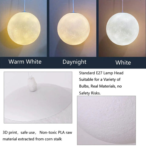 Light Up Moon 3D Printed Moon Pendant Lamp With Three Color Modes 12W E26 LED Included Moon Light For Home Office Bars Cafe 10 Inch Energy Efficient Cozy Modern Vibe showing warm white, daylight, and white color modes