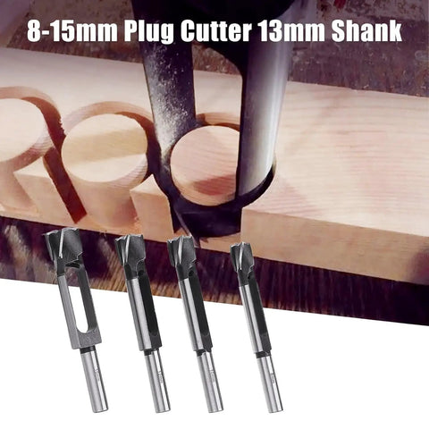 Heavy Duty Wood Plug Cutter Drill Bit Set Featuring Four Sizes For Nailed It Furniture Fixes Built Tough As Nails From Premium Carbon Steel And Engineered For No Sweat Shop Work Ahead, showing bits cutting precision holes.