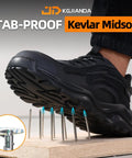 Steel Toe Work Shoes For Men That Are Built Tough For Construction And Warehouse Jobs Lightweight Safety Footwear stepping on nails, showing Kevlar midsole.