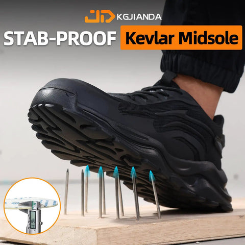 Steel Toe Work Shoes For Men That Are Built Tough For Construction And Warehouse Jobs Lightweight Safety Footwear stepping on nails, showing Kevlar midsole.