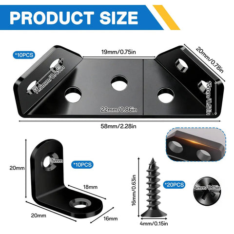 Twenty Pack Universal Stainless Steel Corner Brackets 90 Degree L Shape And Trapezoid Wood Furniture Connectors in dimensional layout.